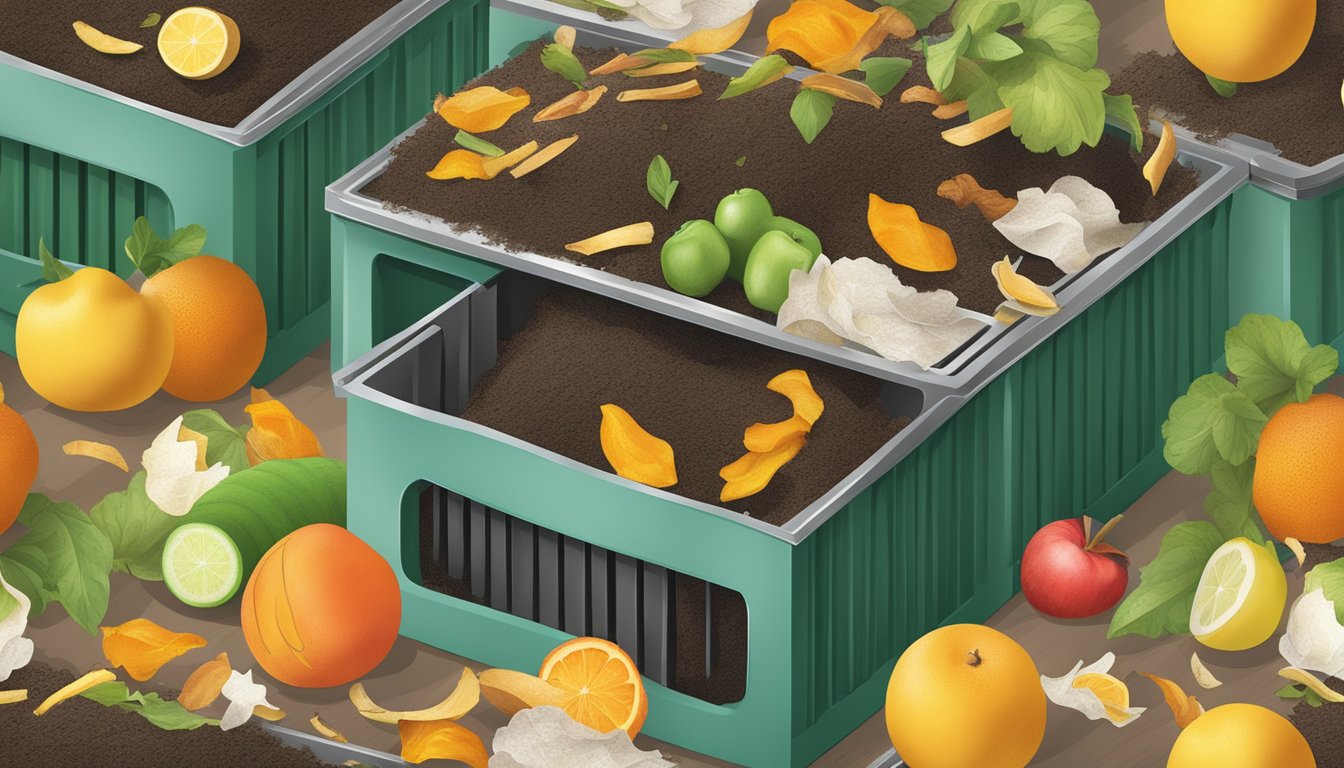 A compost bin with tea filters, fruit peels, and vegetable scraps