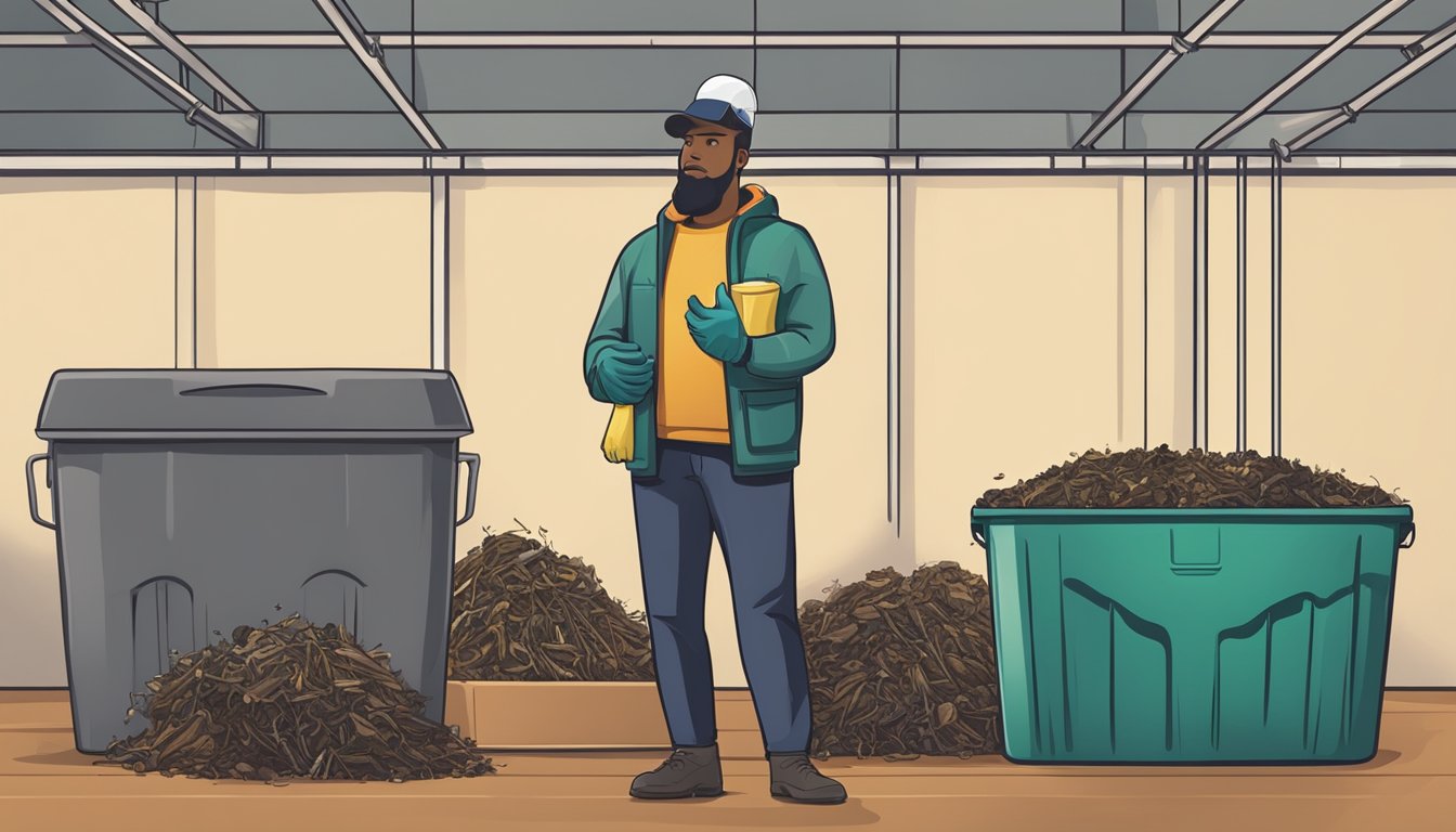 A person standing in front of a compost bin, holding a pair of rubber gloves and looking contemplative. The compost bin is filled with various organic waste