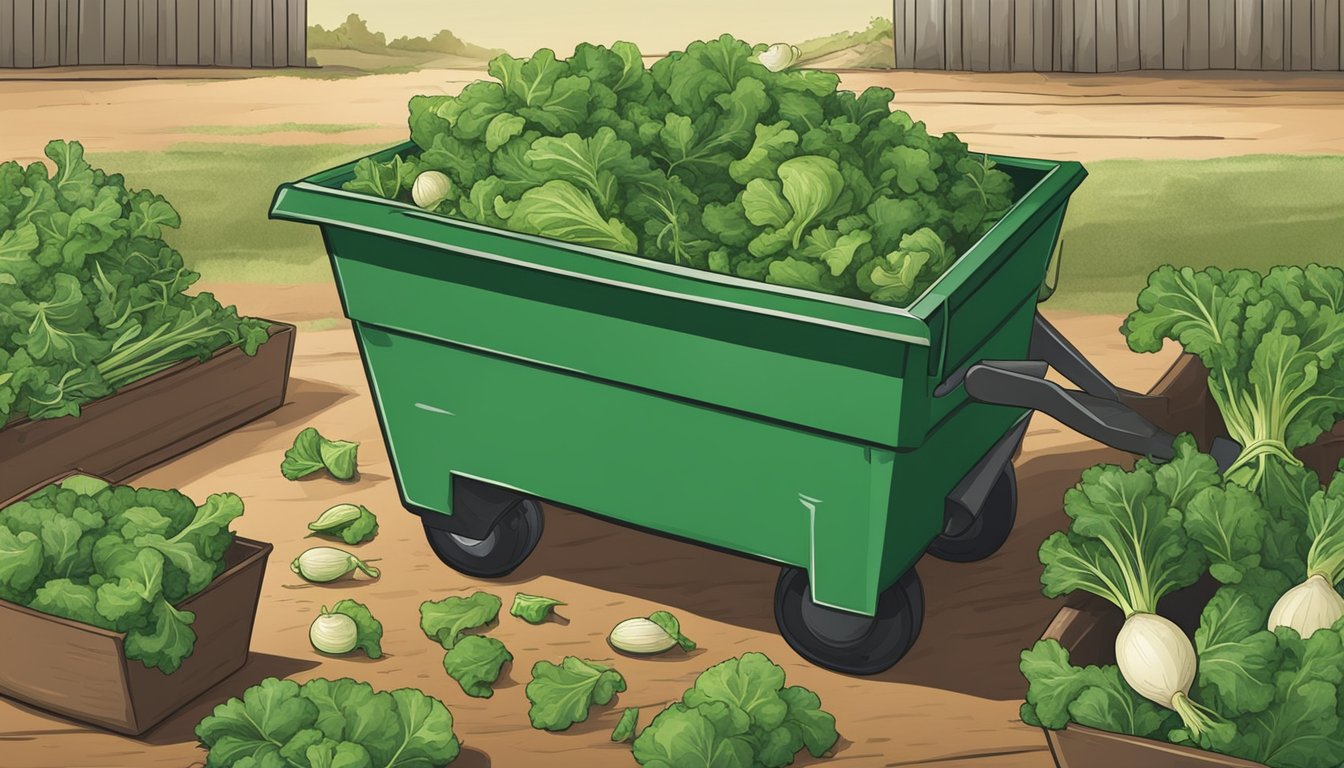 Turnip greens being chopped and placed in a compost bin with other organic waste