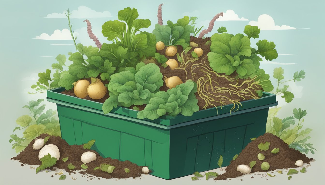 A pile of turnip greens and other organic waste decomposing in a compost bin, with earthworms and microorganisms breaking down the material