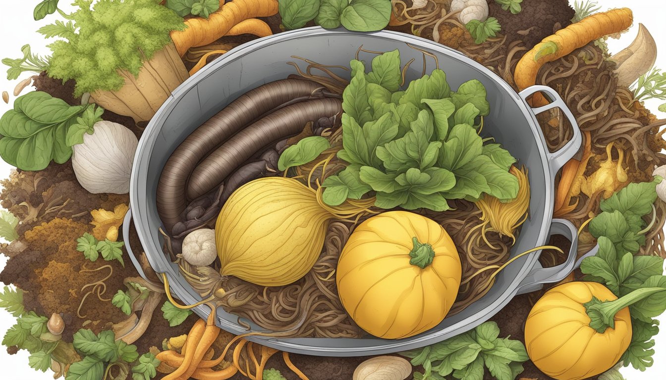 A pile of kitchen scraps, including spaghetti squash, decomposes in a compost bin surrounded by earthworms and other small organisms