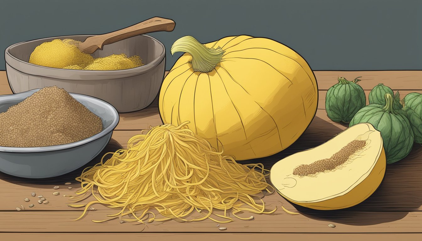 Spaghetti squash being cut open, seeds scooped out, and flesh placed in compost bin