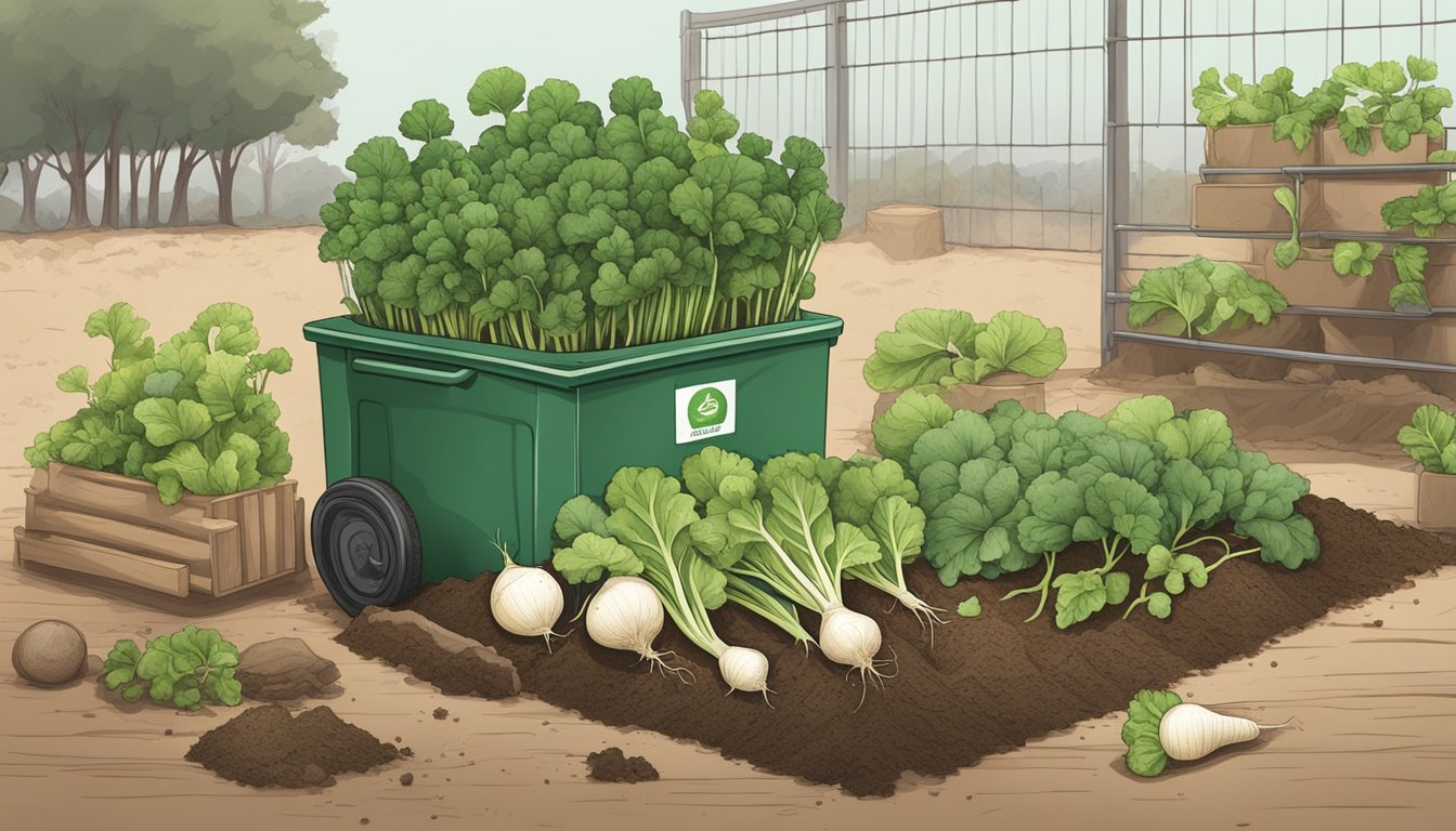 A pile of compostable turnip greens being added to a compost bin, surrounded by other organic materials and soil