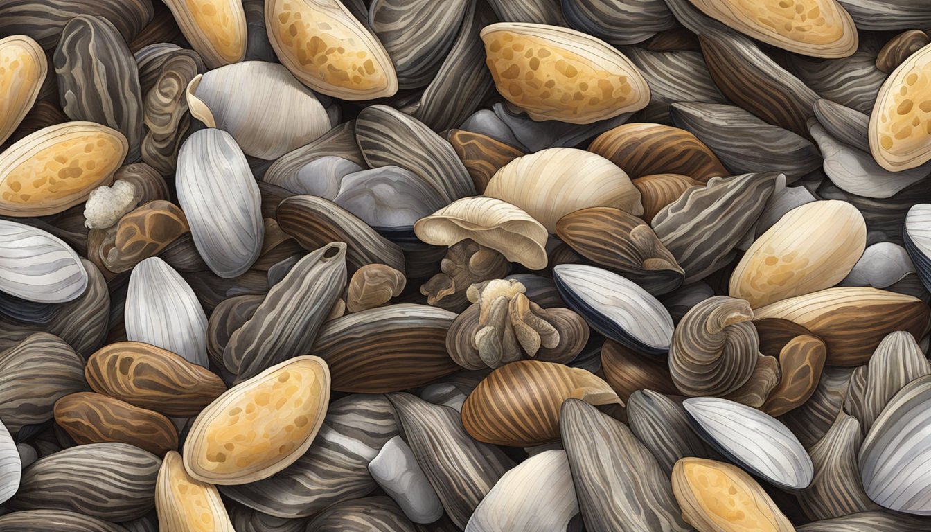 A pile of zebra mussel shells scattered among compost materials, with earthworms and microorganisms breaking down the organic matter