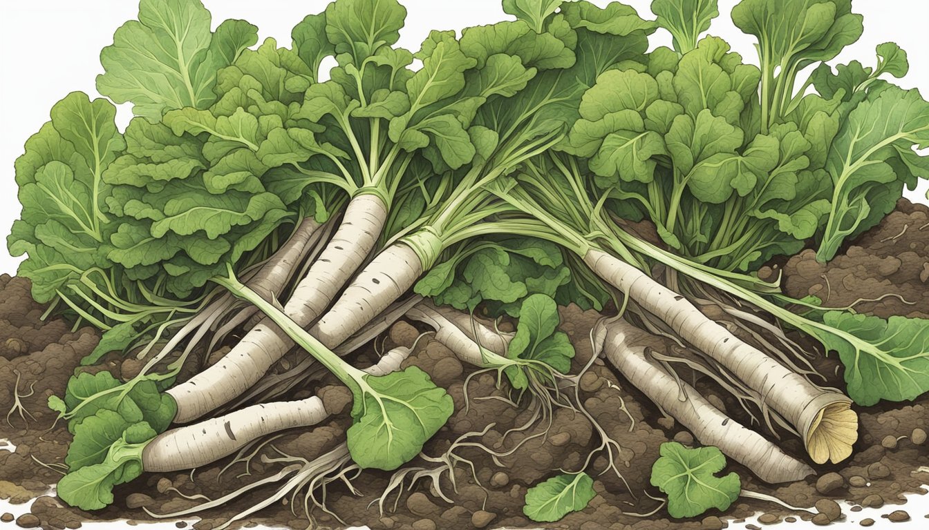 A pile of turnip greens sits on a compost pile, surrounded by other organic waste. The greens are starting to break down, with earthworms and other decomposers at work