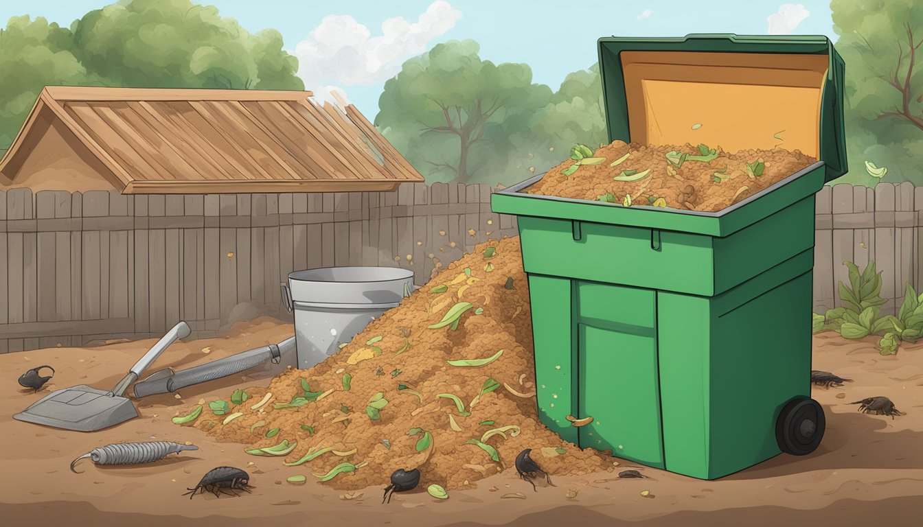 A pile of sawdust and organic waste decomposing in a compost bin, with worms and microorganisms breaking down the material