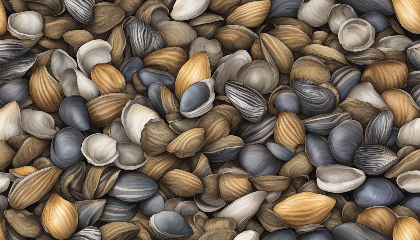 A pile of zebra mussel shells sits in a compost bin, surrounded by decomposing organic matter and earthworms