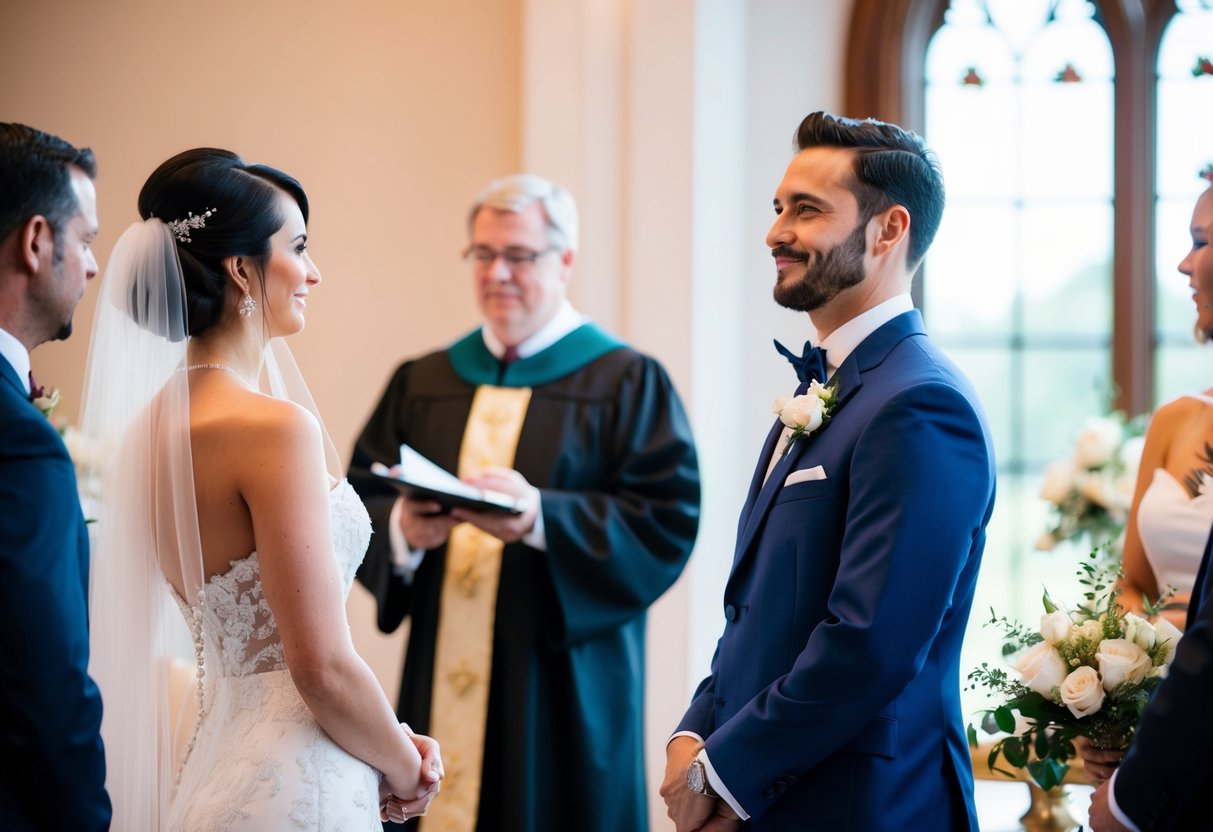 A groom stands on the right side of a wedding altar, facing the officiant and the bride, with a serene and confident expression on his face
