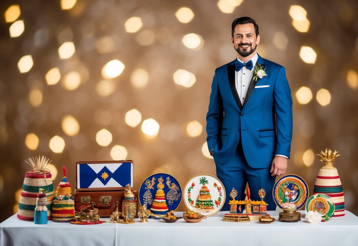 A groom stands on the right, surrounded by cultural symbols and decorations representing various wedding traditions from around the world