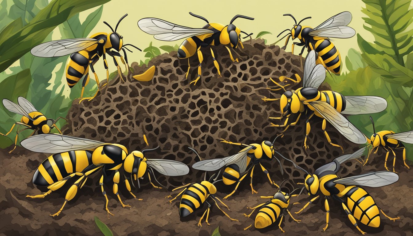 Yellow jackets swarm around a compost pile, their nest nestled within the decaying organic matter. The insects are busy collecting food and tending to their nest