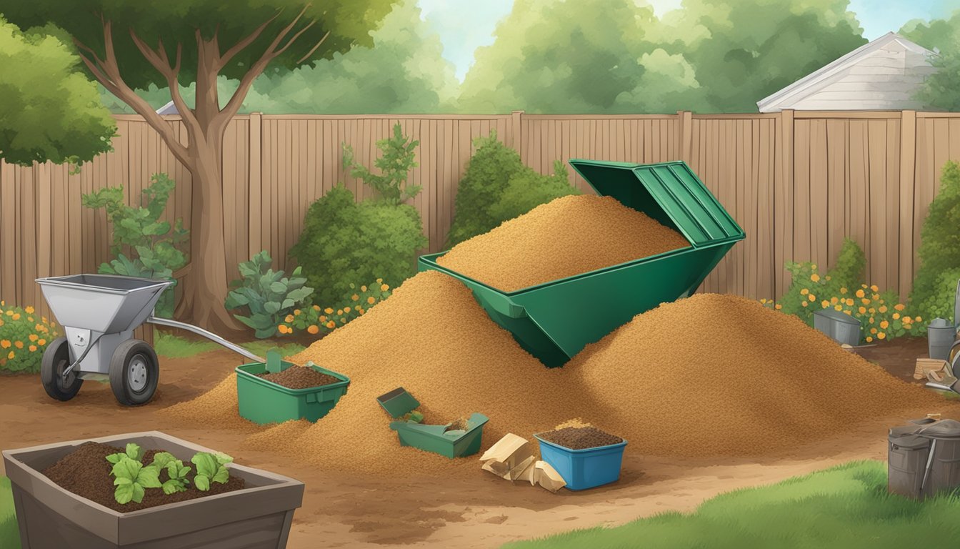 Sawdust being mixed into a compost pile, surrounded by various organic waste materials and a compost bin in a backyard setting