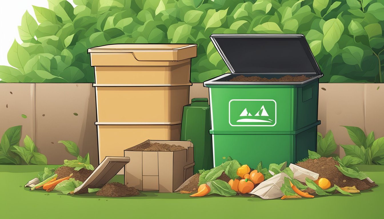 A stack of paperboard packaging next to a compost bin, with green leaves and food scraps inside