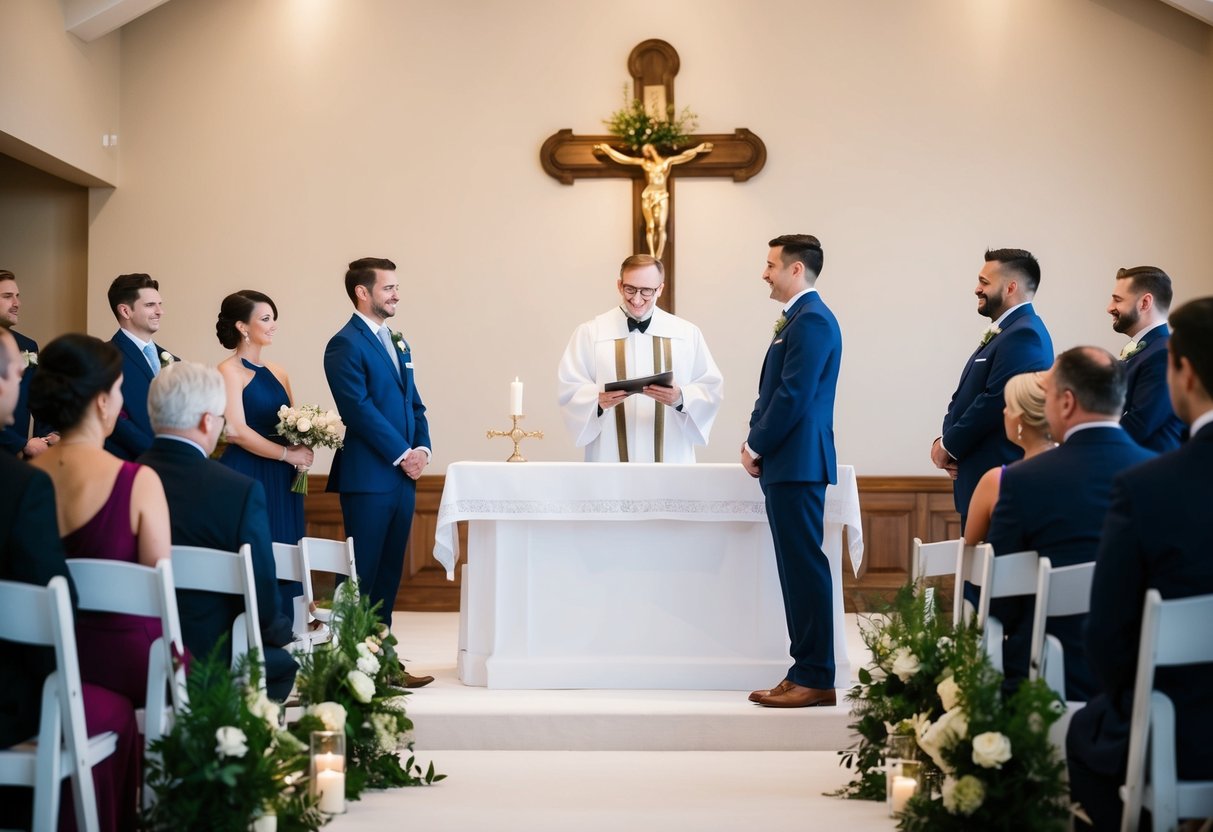 A wedding ceremony layout with the groom standing on the right side of the altar, facing the officiant and the guests