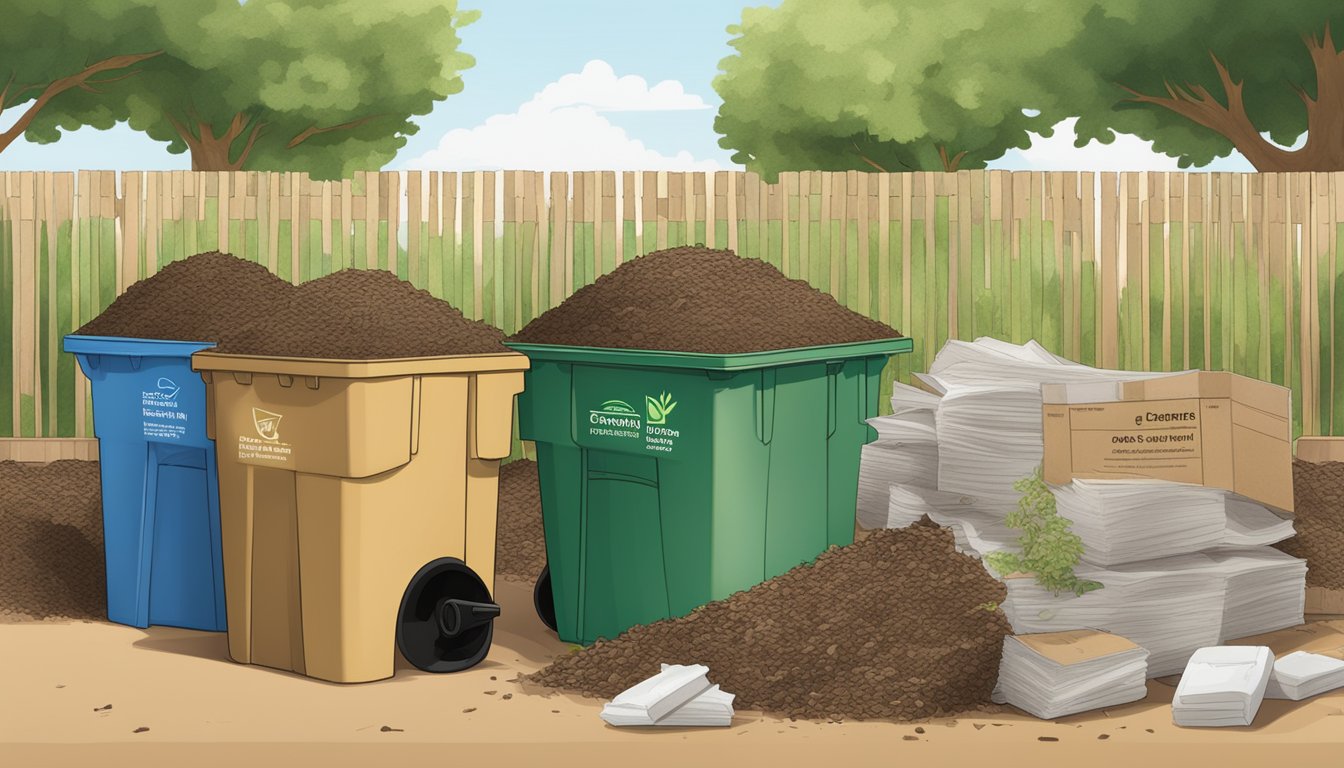 A pile of compostable materials, with paperboard clearly labeled as excluded, next to a compost bin