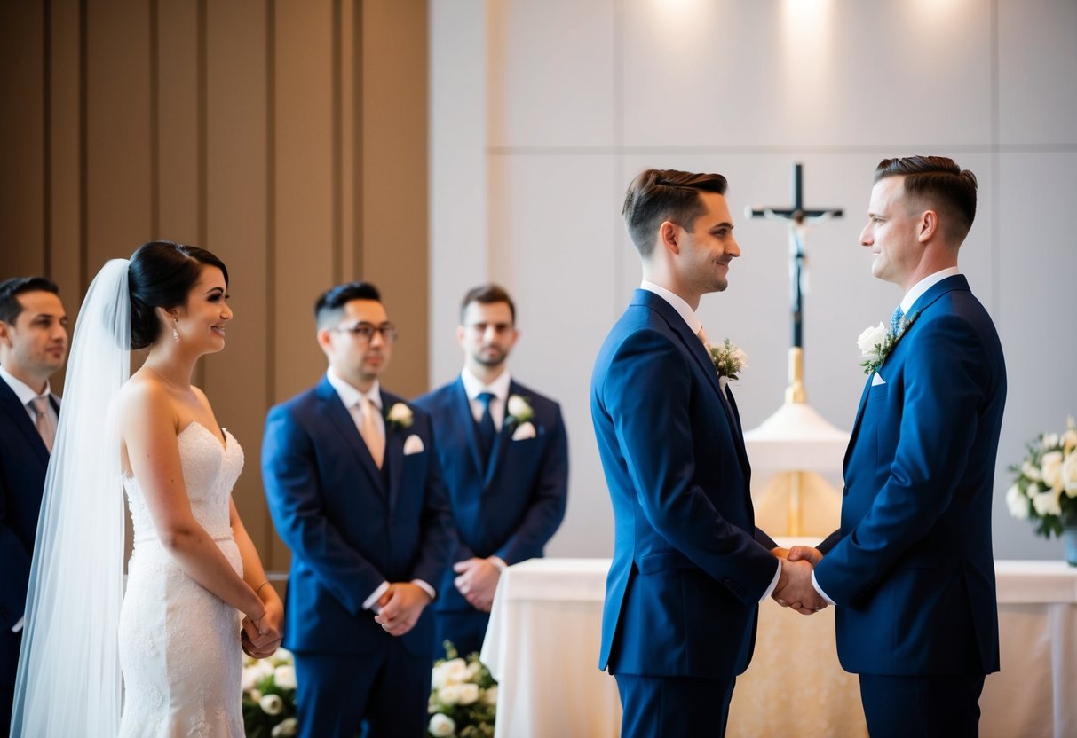 A groom stands on the right side of a modern wedding ceremony, facing the altar with a bride on his left. The positioning signifies tradition and symbolism