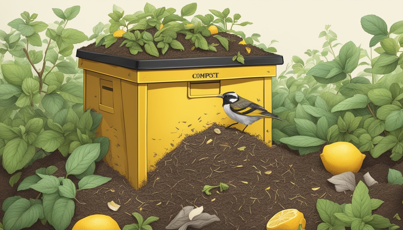 A compost bin with a yellow jacket nest surrounded by natural deterrents such as mint and citrus peels