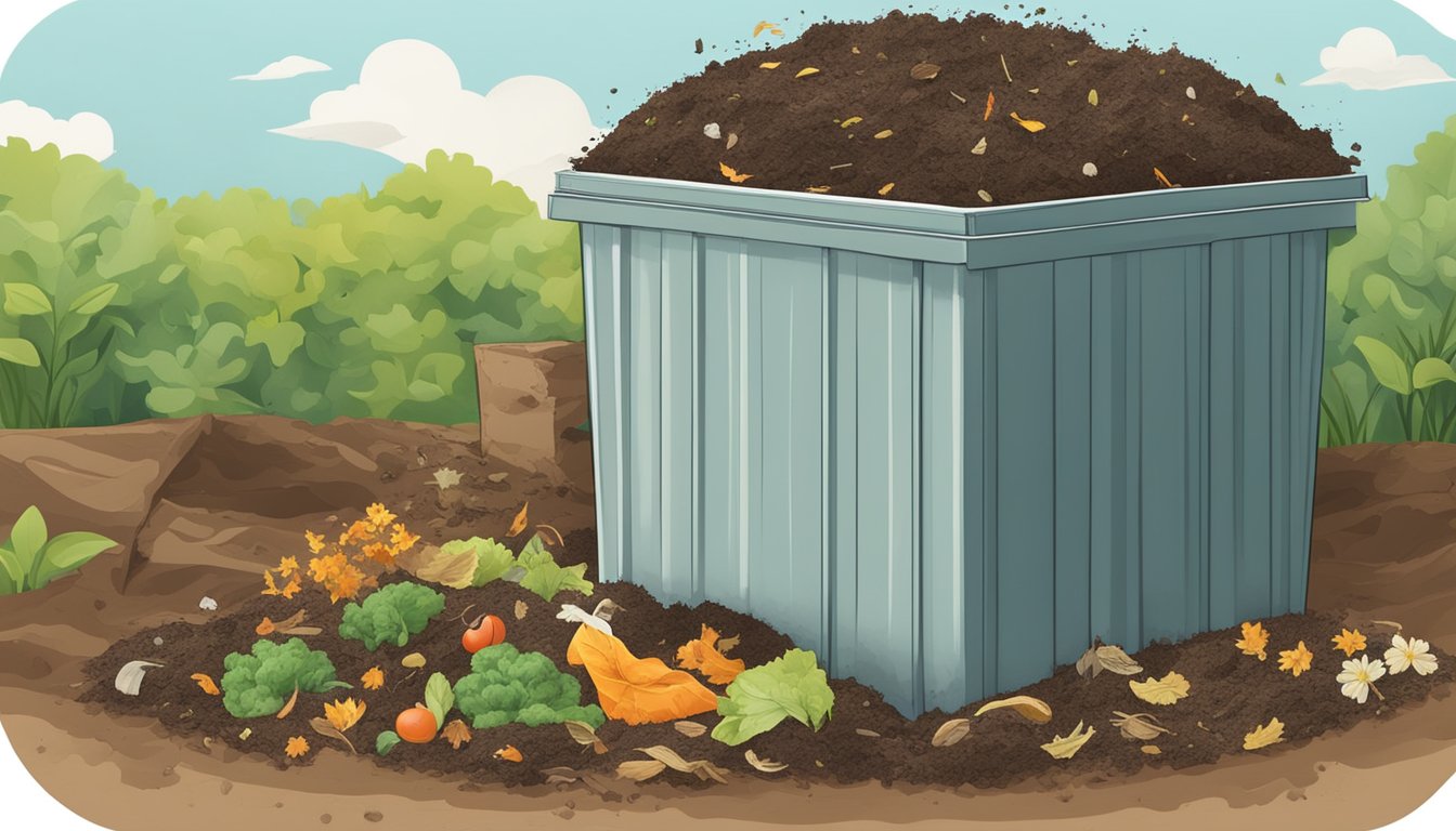 A compost bin with paperboard, surrounded by organic waste and soil, showing decomposition process