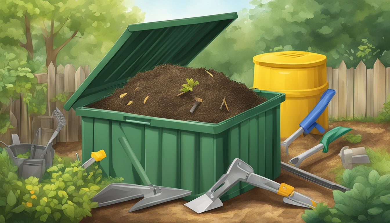 A compost bin surrounded by garden tools, with a yellow jacket nest tucked into a corner