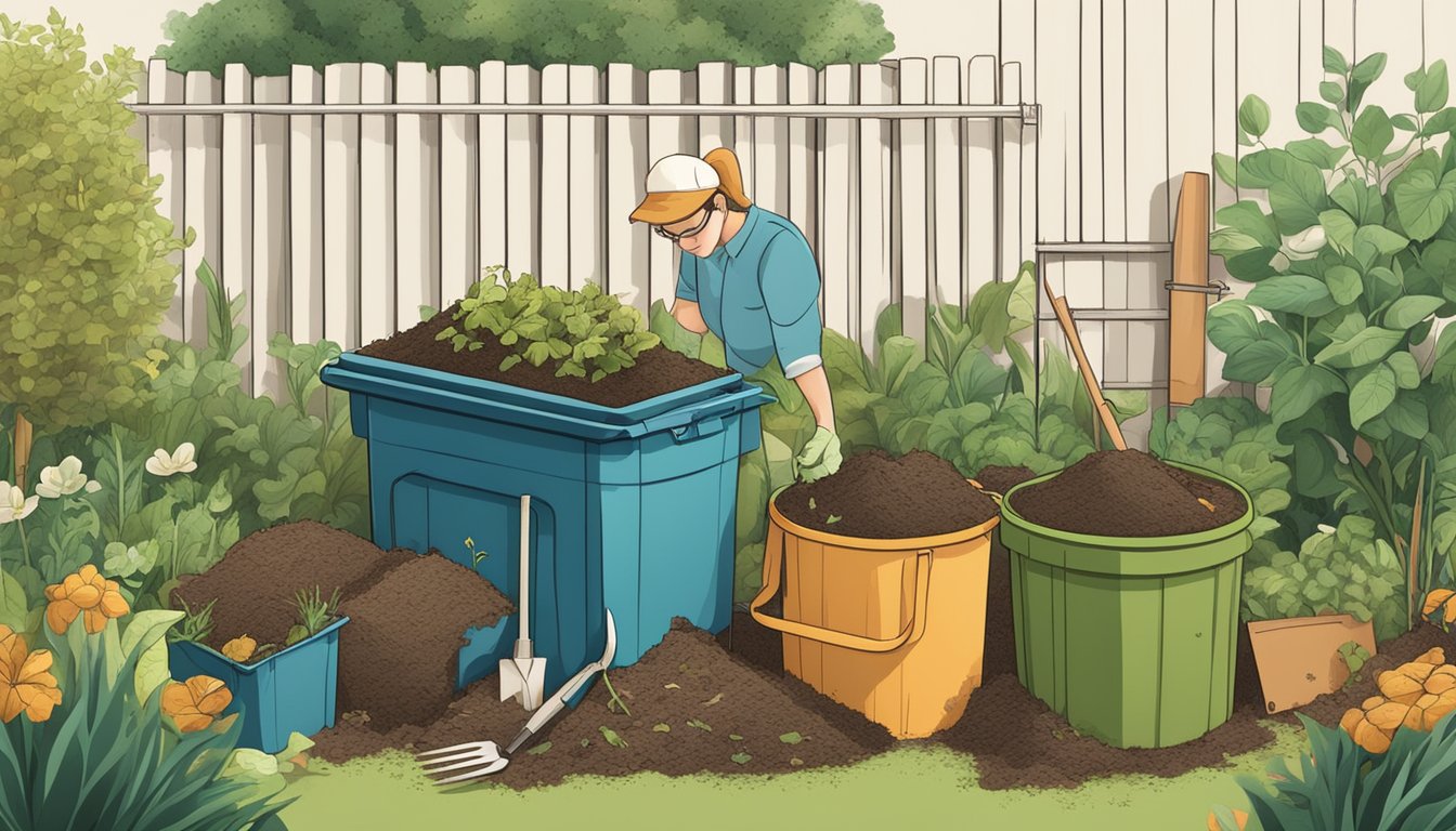 A person placing paperboard into a compost bin surrounded by organic waste and garden tools