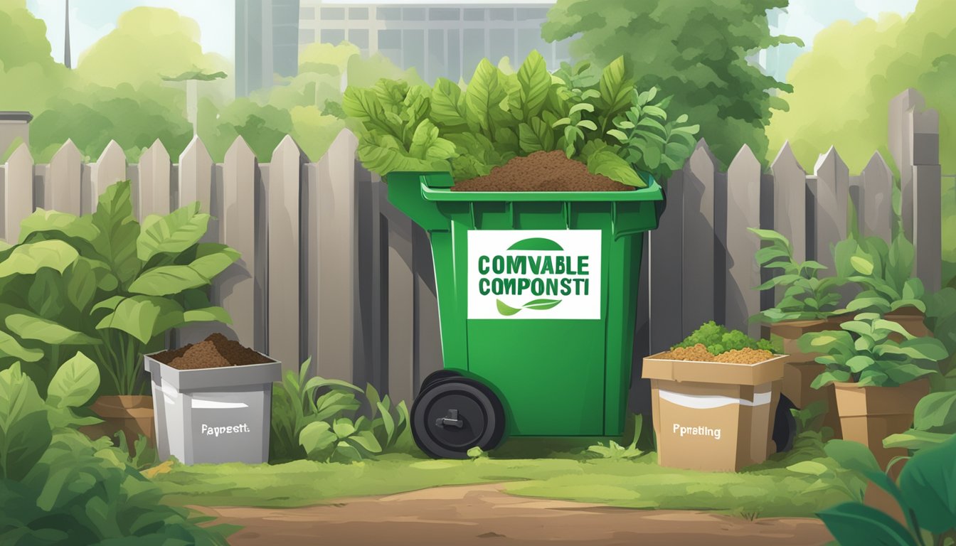 A bin filled with paperboard and compostable materials surrounded by green plants and a composting sign