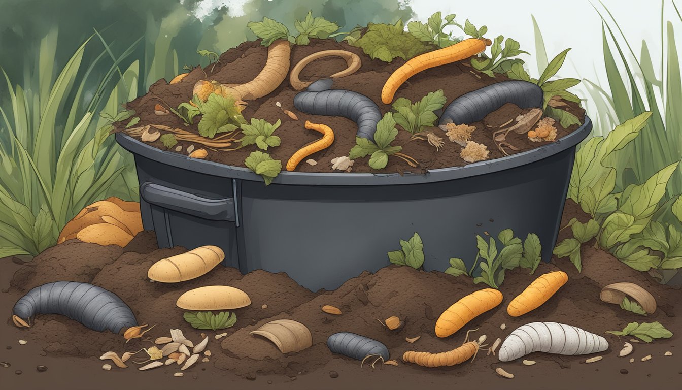 A pile of compost with various food scraps, including rye bread, surrounded by earthworms and decomposing organic matter