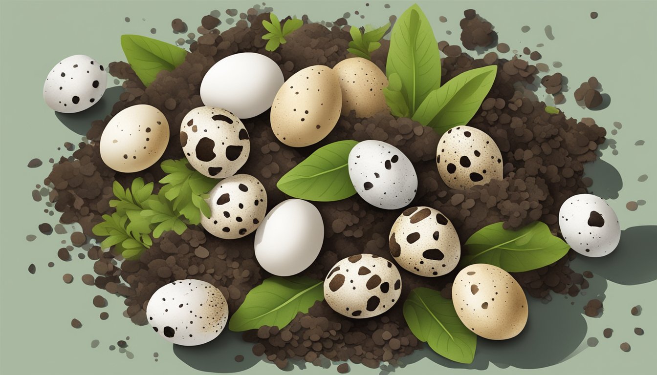 A small pile of compostable materials, including quail eggs, surrounded by a mix of green and brown organic matter