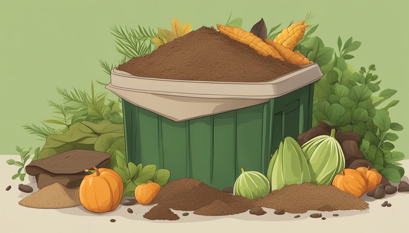 A pile of compostable food scraps, including rye bread, surrounded by a mix of green and brown materials in a compost bin