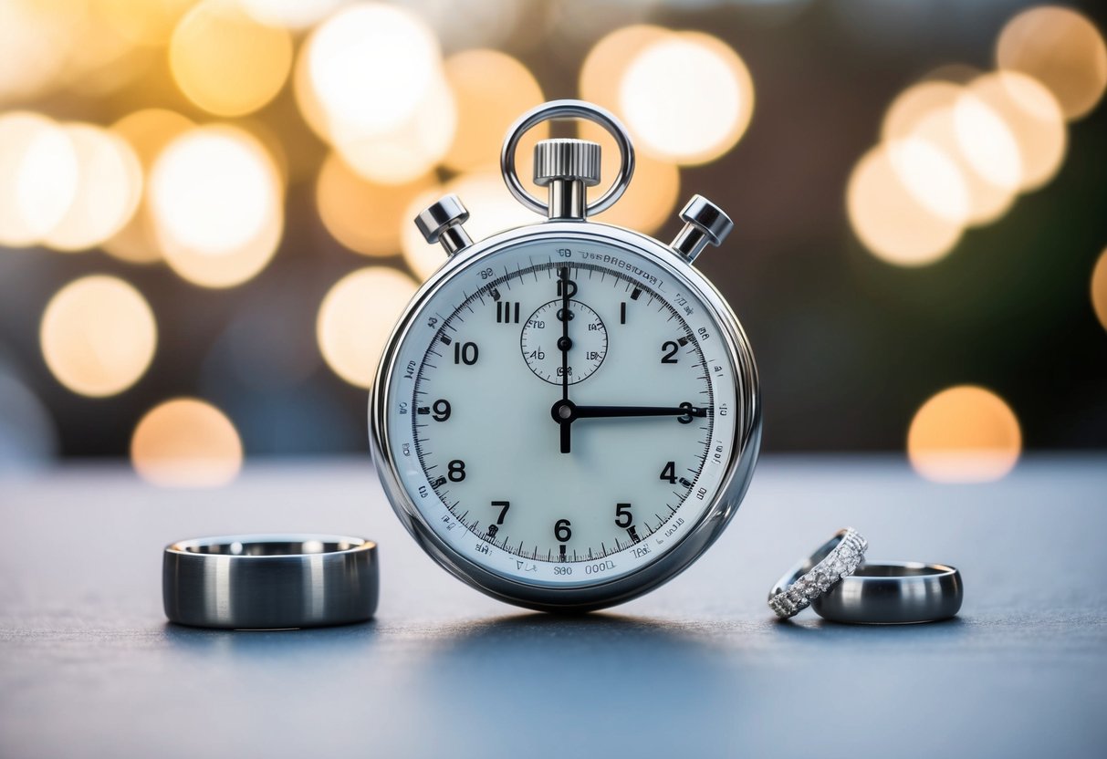 A stopwatch showing 3:00 with a pair of wedding rings next to it