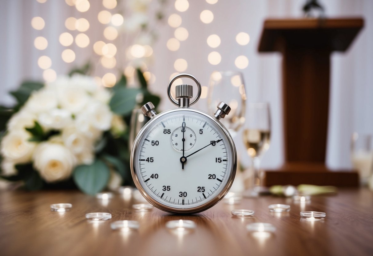 A stopwatch with the time set to 3 minutes, surrounded by wedding decor and a podium