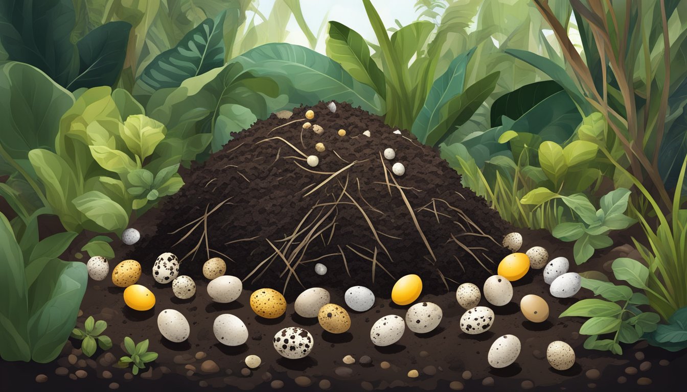 A compost heap with quail eggs scattered among organic waste, surrounded by thriving plants and rich, dark soil