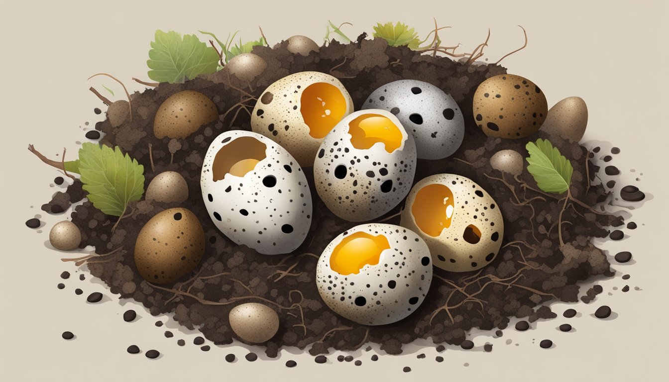 Quail eggs nestled in rich compost, surrounded by decomposing organic matter and earthworms