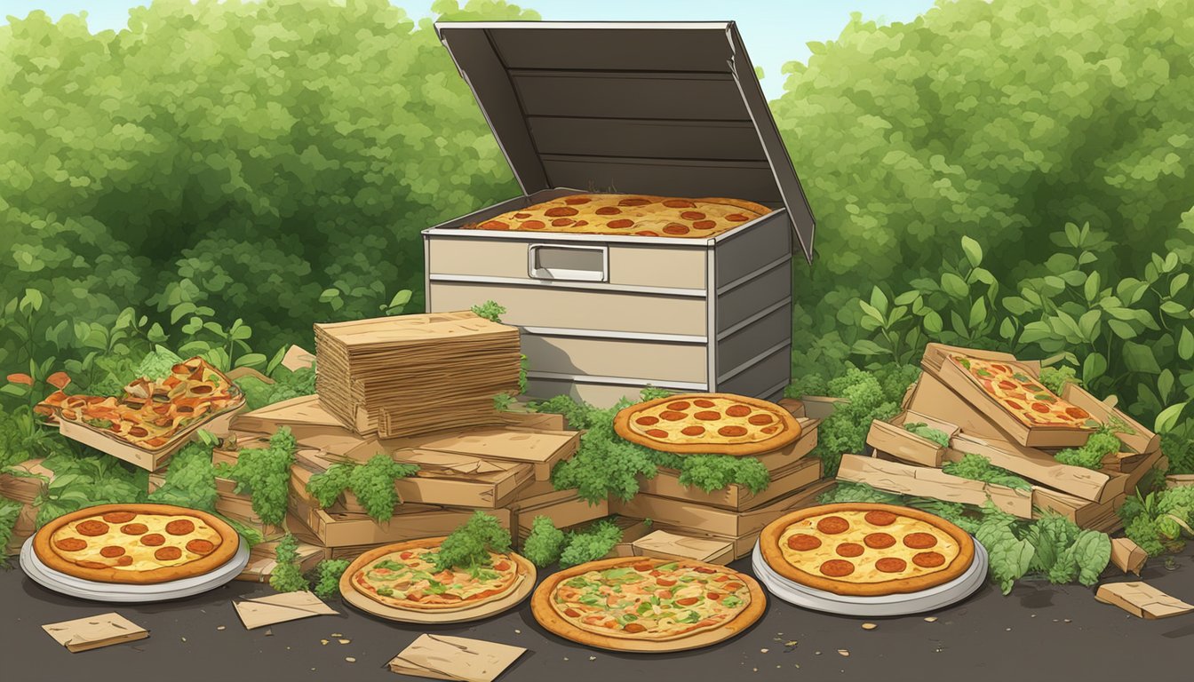 A compost bin filled with pizza crusts and empty pizza boxes, surrounded by greenery and organic waste