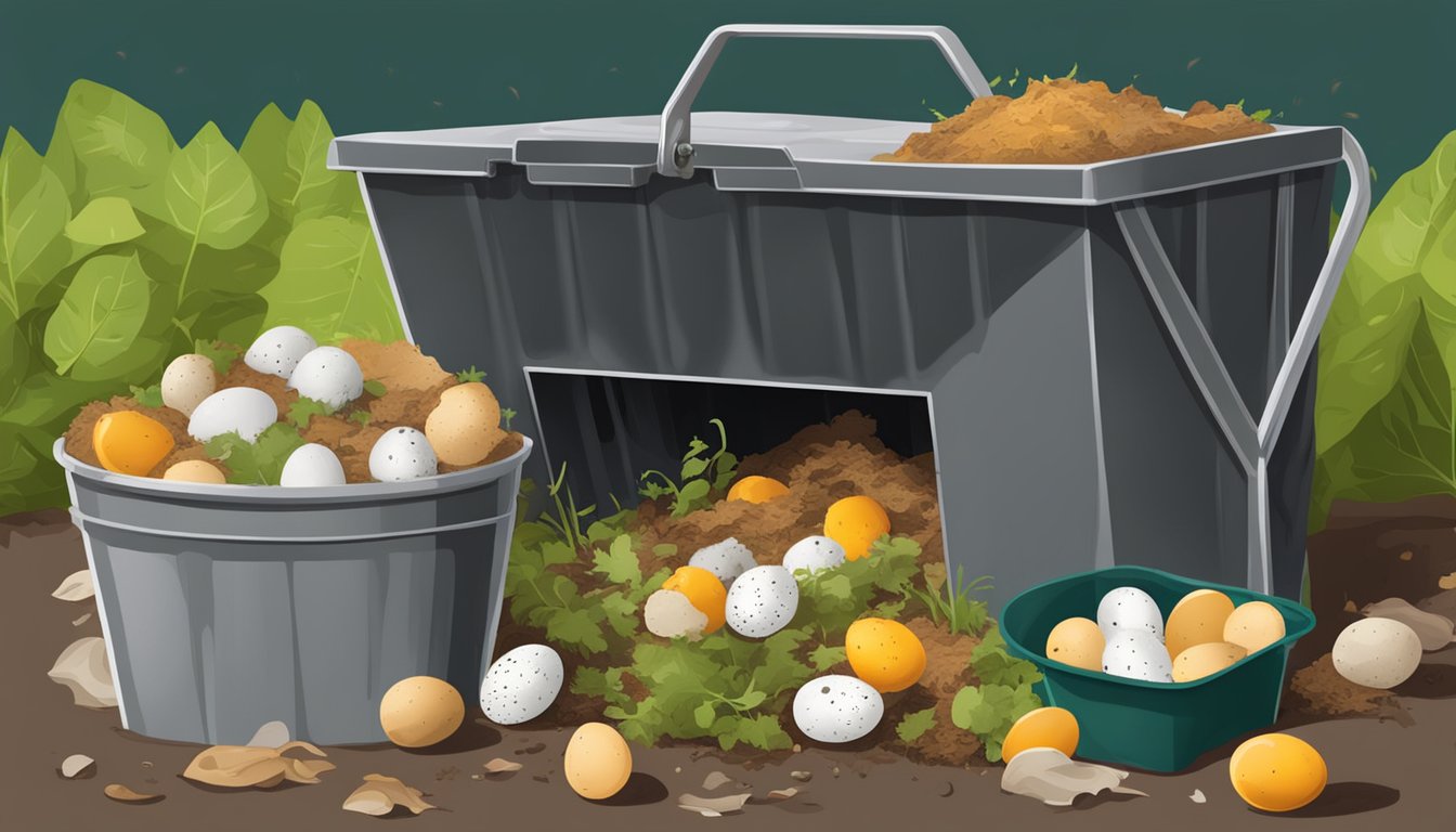 A compost bin with a mixture of food scraps, yard waste, and quail eggs. A small shovel and gardening gloves nearby