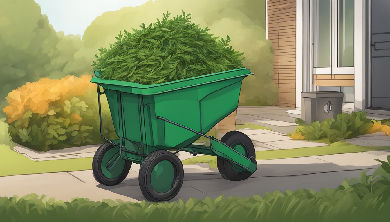 A pile of yew clippings mixed with other compostable materials in a backyard bin, with a pitchfork nearby for turning