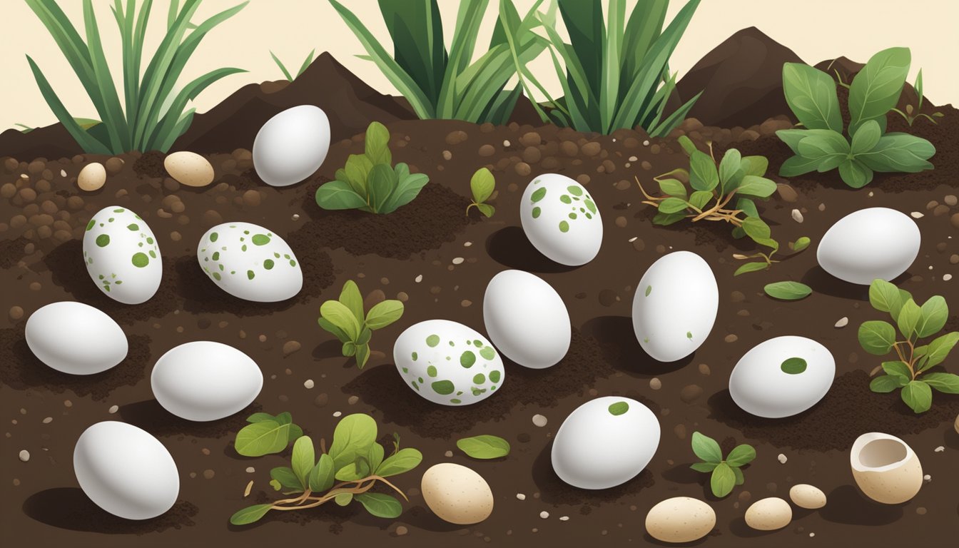 Quail eggshells scattered among rich soil, surrounded by composting materials and thriving plants