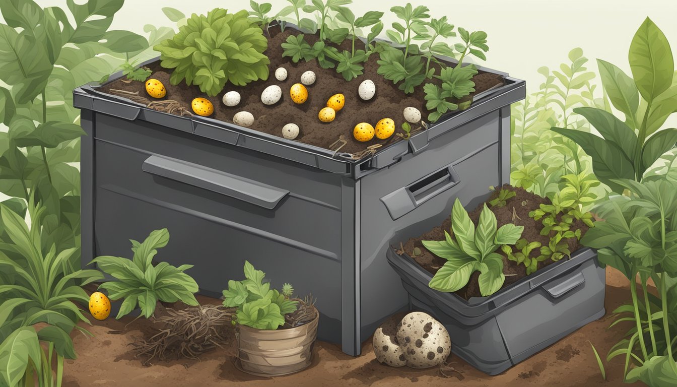 A compost bin filled with various organic materials, including quail eggs, surrounded by thriving plants and earthworms