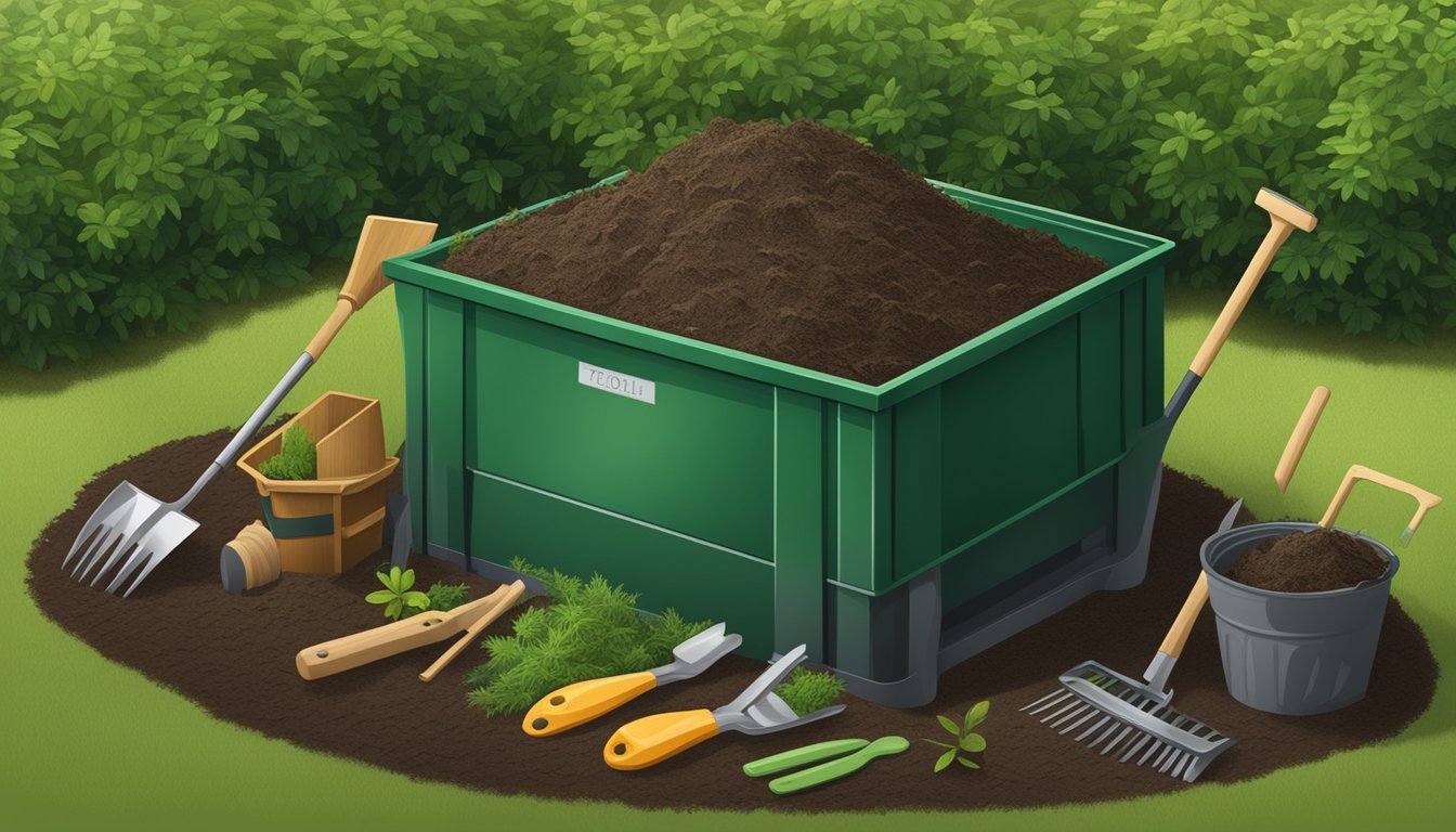 A compost bin filled with yew clippings, surrounded by gardening tools and a pile of fresh soil