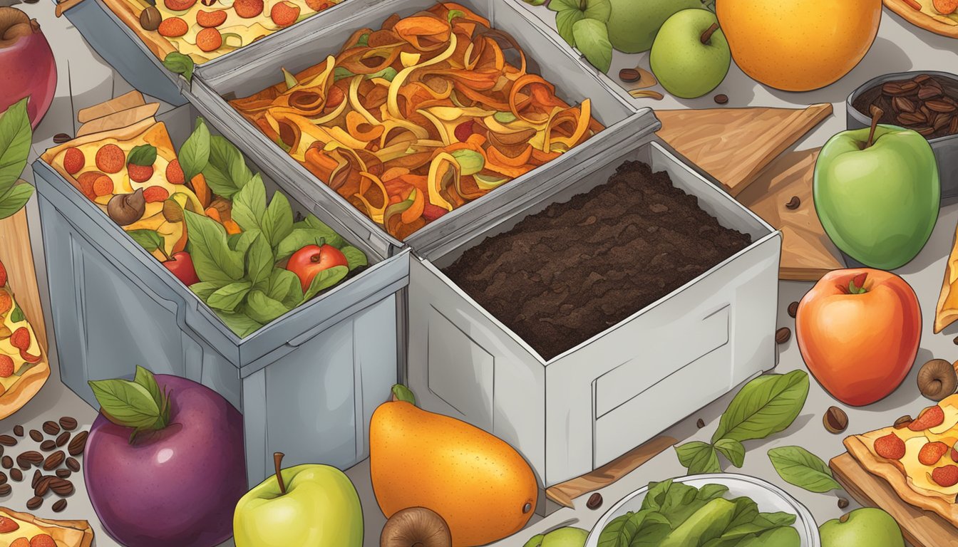 A compost bin filled with everyday items like fruit peels, coffee grounds, and pizza crusts