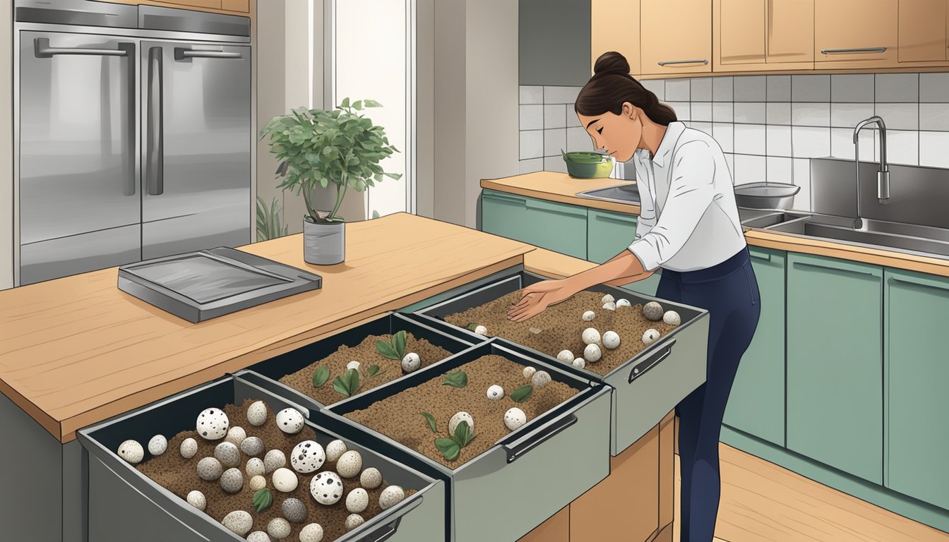 A person selecting a compost bin with quail eggs on a kitchen counter