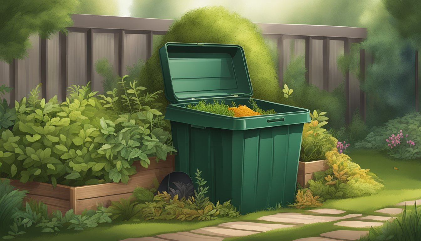 A garden scene with a compost bin surrounded by yew clippings, leaves, and other organic material