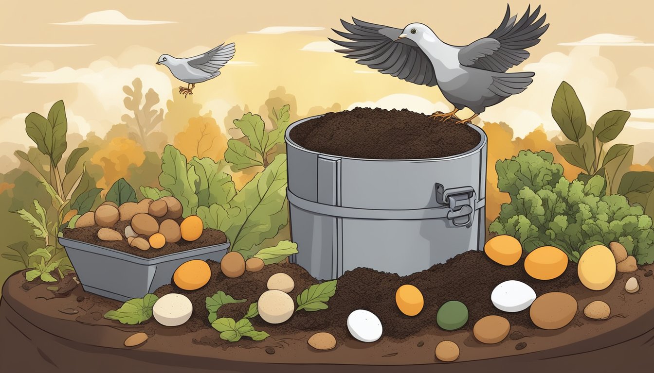 Quail eggs, coffee grounds, and vegetable scraps mix in a compost bin. The steam rises as the ingredients decompose, creating a rich, fertile soil