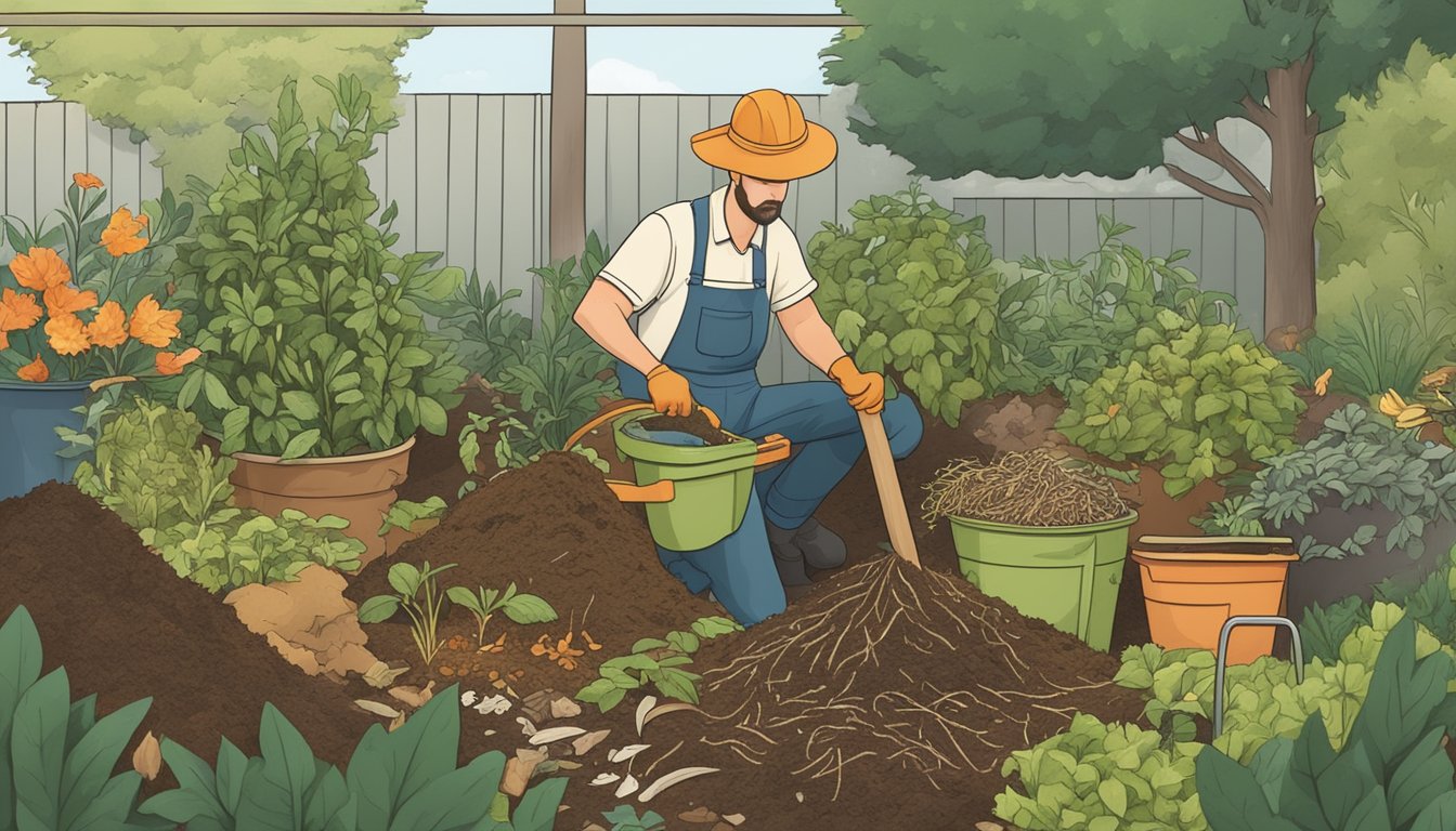 A gardener adding yew clippings to a compost pile, surrounded by other organic waste and a variety of composting materials