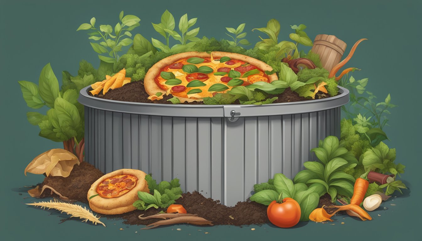 A compost bin with various food scraps, including pizza crusts, surrounded by greenery and earthworms