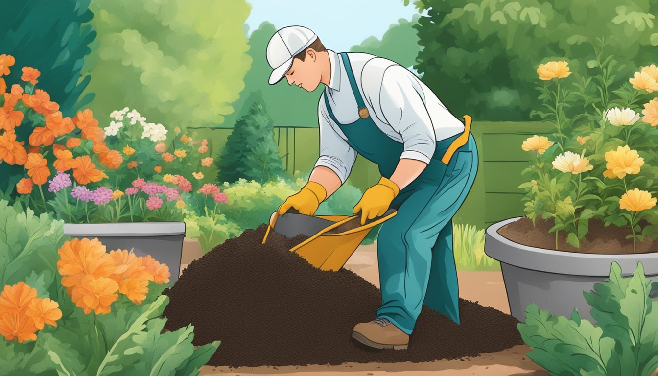 A gardener mixes compost into the soil of a vibrant annual garden, incorporating yew clippings to enrich the nutrient content