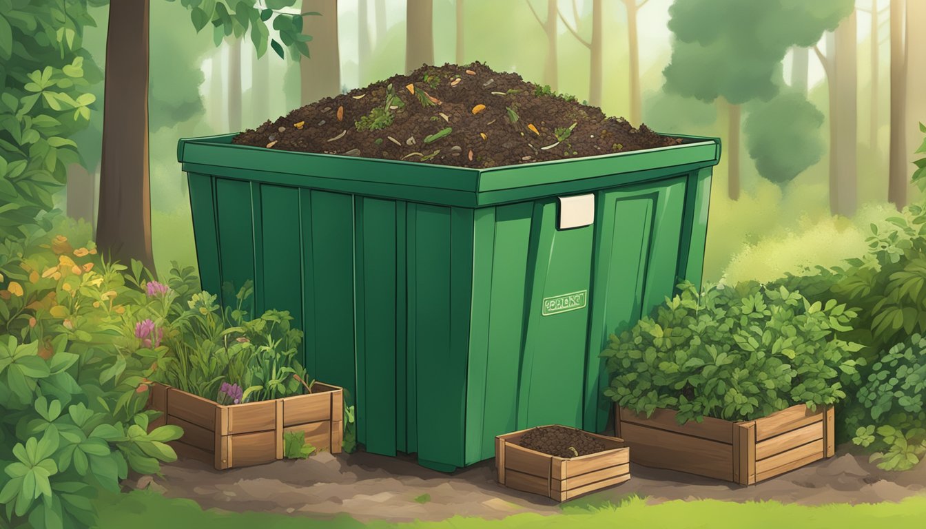 A compost bin filled with everyday organic waste, including yew clippings, surrounded by a lush garden