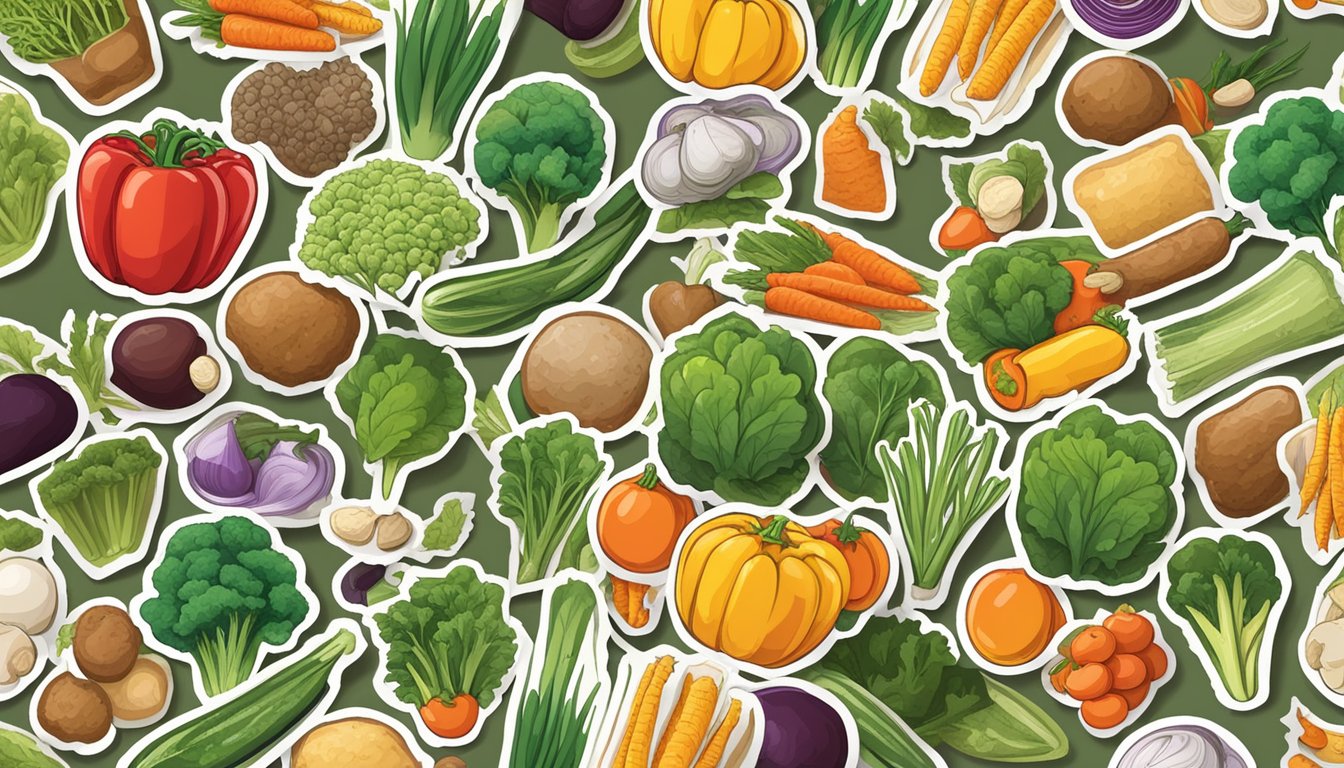 A pile of compostable and non-compostable materials with a collection of vegetable stickers on top