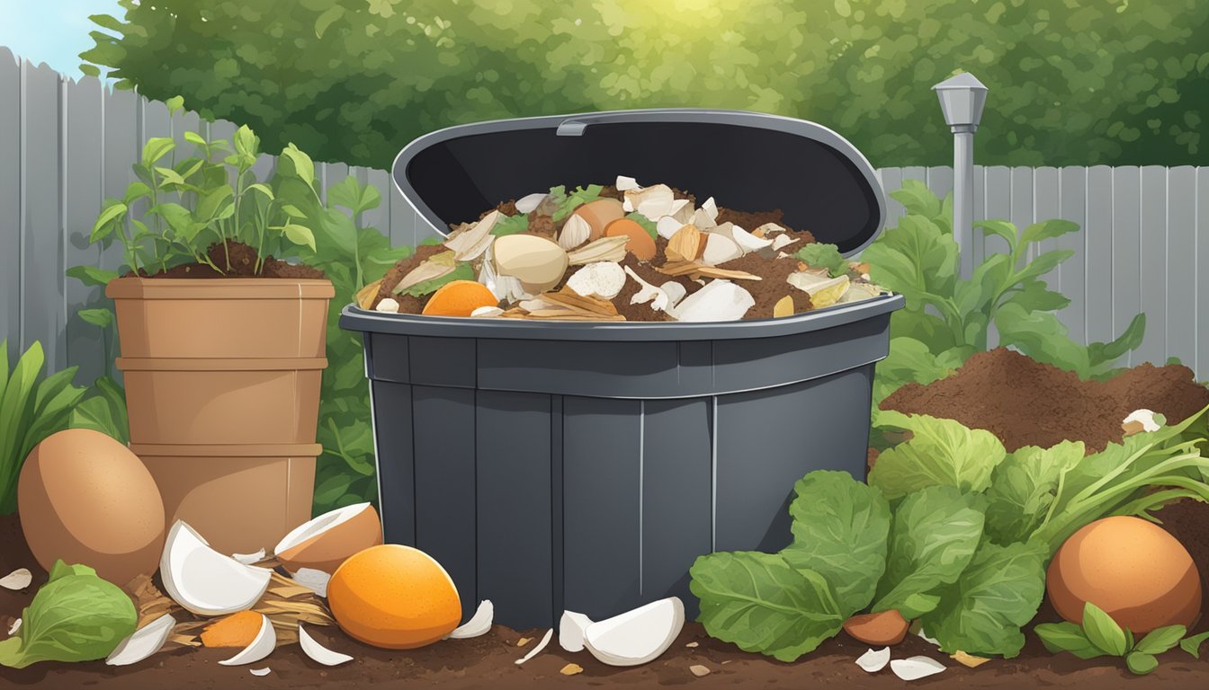 A pile of compostable materials, including fruit and vegetable scraps, eggshells, and yard waste, sits in a bin with a lid in a backyard garden