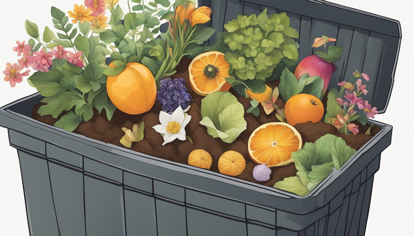 Silk flowers being placed in a compost bin alongside other organic materials, such as fruit peels and vegetable scraps