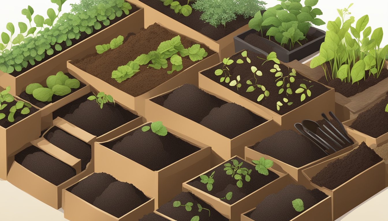 Peat pots placed in a compost bin surrounded by various organic materials and soil