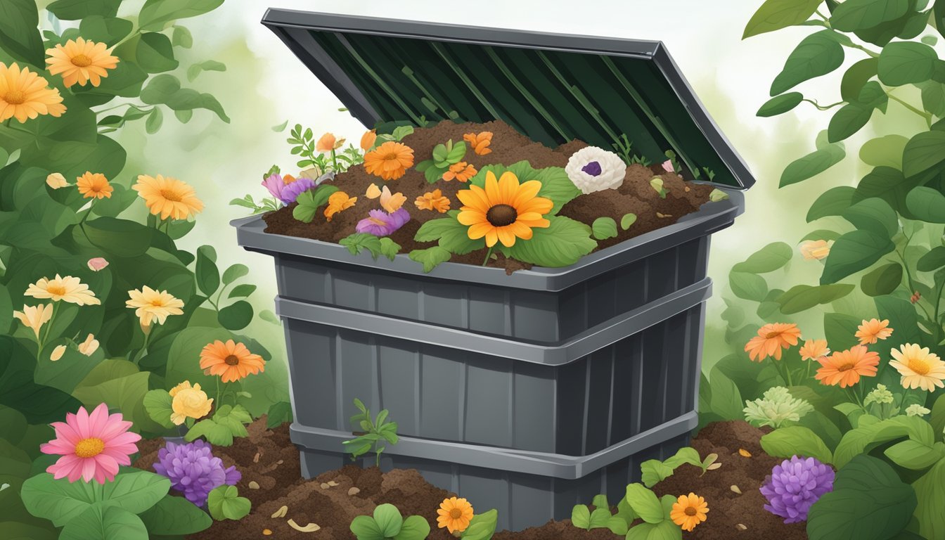 A compost bin filled with organic waste, including silk flowers, surrounded by a mix of soil, leaves, and decomposing matter